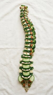 Human spine anatomy shape created with fresh vegetables nuts and seeds representing bone health and nutritional intake for back wellness top down food photography flat lay
