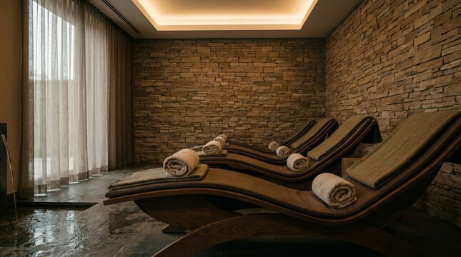 Spa relaxation room with stone wall, wooden loungers and dim warm light, empty wellness interior
