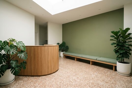 Friendly veterinary clinic reception with wooden desk and warm terrazzo floor, empty modern interior