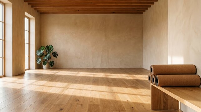 Empty yoga studio with limewash walls and warm morning light on wooden floor, wellness interior