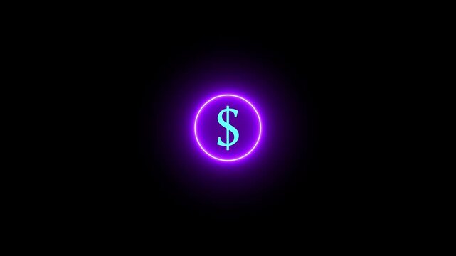 A glowing white dollar sign symbol encircled by a vibrant neon ring of transitioning pink and blue light against a deep black void, representing digital currency or financial concepts