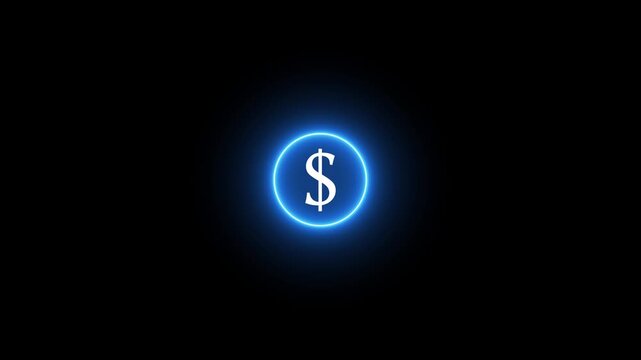 A glowing white dollar sign symbol encircled by a vibrant neon ring of transitioning pink and blue light against a deep black void, representing digital currency or financial concepts