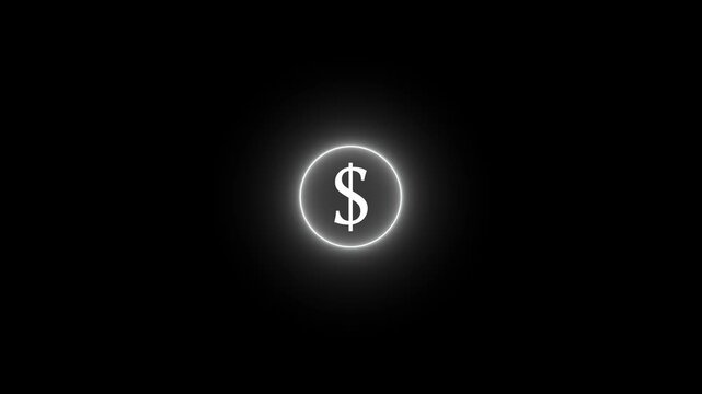 A glowing white dollar sign symbol encircled by a vibrant neon ring of transitioning pink and blue light against a deep black void, representing digital currency or financial concepts