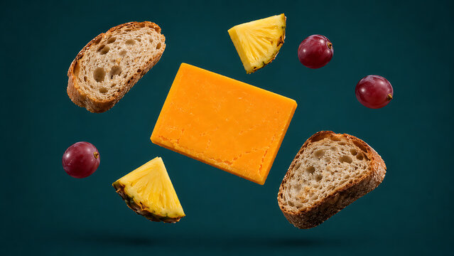 Cheddar cheese block rustic bread slices pineapple wedges and red grapes floating in elegant gourmet snack composition with deep teal tones