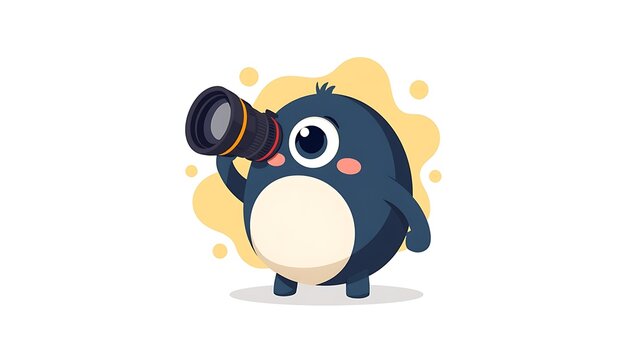 Cute round-bodied cartoon photographer character holding a large professional camera
