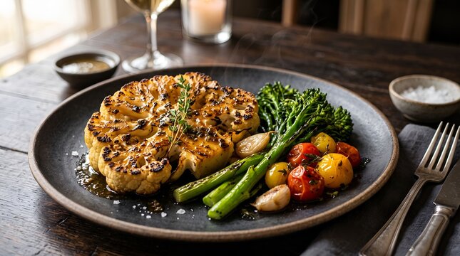 Roasted cauliflower with broccolini and tomatoes food photography