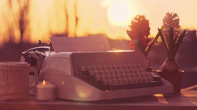 Vintage typewriter with blank paper on table sunset, lit candle, inspiration artistic journaling process, warm golden light, creative writing concept, nostalgic atmosphere, blurred nature background