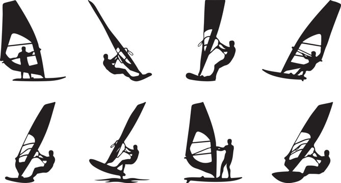 Energetic compilation of windsurfer silhouettes actively riding boards with sails across the water surface