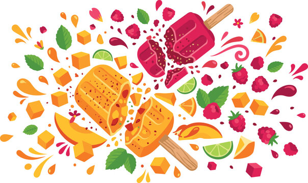 Vibrant vector art of broken fruit ice pops exploding with fresh mango cubes raspberries lime slices and liquid juice splashes