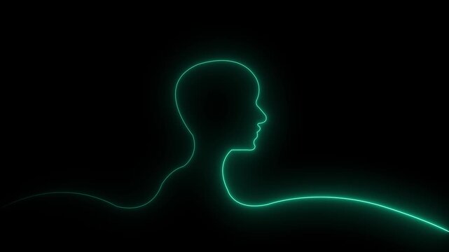 Glowing neon Profile of a human head with neon color glowing and hexagonal brain medical man icon animation structure, artificial intelligence and technology black background. 