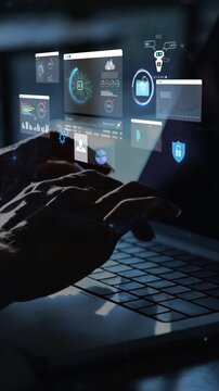 woman analyst uses a computer AI artificial intelligence and dashboard for data business analysis and Data Management System with KPI and metrics connected to the database for technology finance,