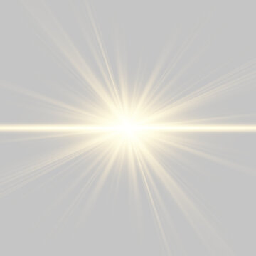Luminous golden starburst with sparkling light rays and radiant sunshine glow. Brilliant flash creates a realistic lens flare with glowing shine. Vector illustration png.