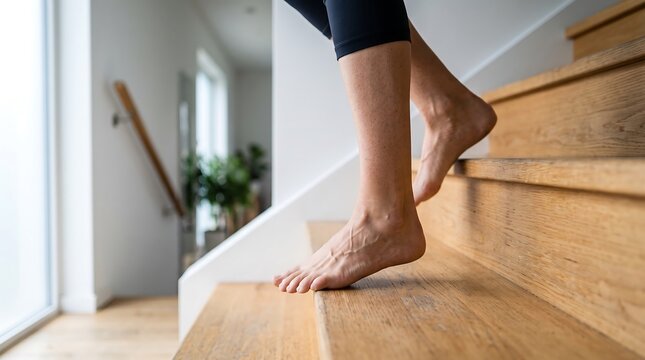 Low angle view of barefoot person stepping down wooden stairs in modern bright house