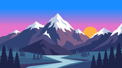 Stylized mountain landscape with purple tones, forest silhouettes and sunset sky. Suitable for camping themes, outdoor branding and travel graphics. © yossi