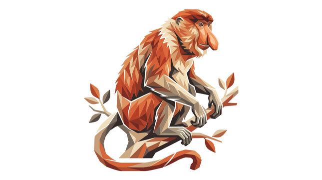 Geometric Proboscis Monkey Sitting on a Branch, Low Poly Style Illustration
