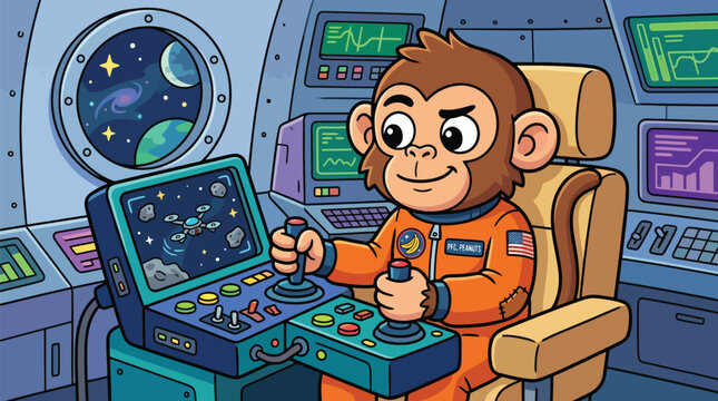 Cute monkey astronaut controlling spaceship flight simulator cockpit panel in deep space with galaxy window view