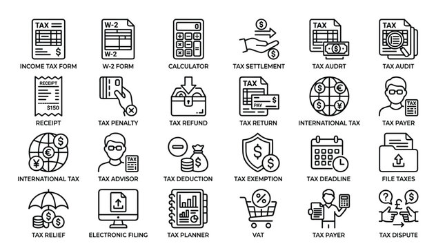 Tax and finance line icons, modern vector illustrations of income tax form, W-2 form, calculator, tax settlement, tax audit, receipt, tax penalty.