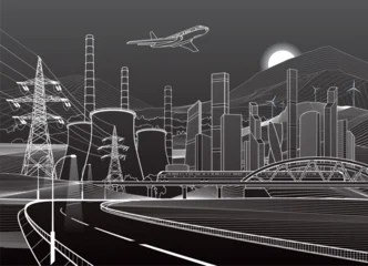 Illuminated highway in mountains. Infrastructure illustration. Modern city at background, tower and skyscrapers, business buildings. Train rides on bridge, airplane in the sky. Power plant, energy © panimoni