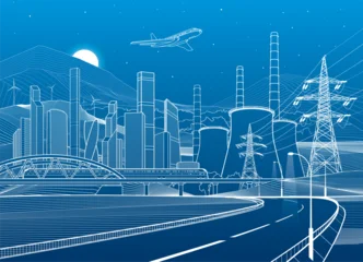 Illuminated highway in mountains. Infrastructure illustration. Modern city at background, tower and skyscrapers, business buildings. Train rides on bridge, airplane in the sky. Power plant, energy. © panimoni