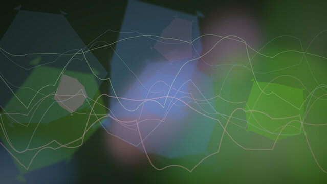 Abstract digital background featuring overlapping geometric shapes and flowing thin lines in soft green and blue colors for modern design
