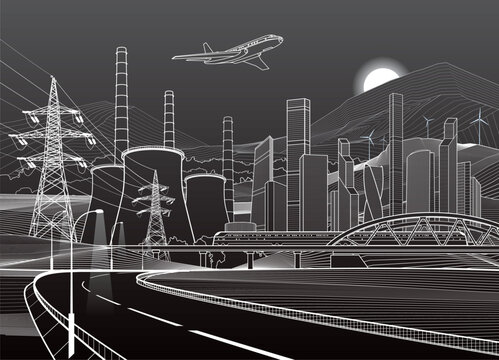 Illuminated highway in mountains. Infrastructure illustration. Modern city at background, tower and skyscrapers, business buildings. Train rides on bridge, airplane in the sky. Power plant, energy