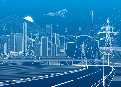 Illuminated highway in mountains. Infrastructure illustration. Modern city at background, tower and skyscrapers, business buildings. Train rides on bridge, airplane in the sky. Power plant, energy.