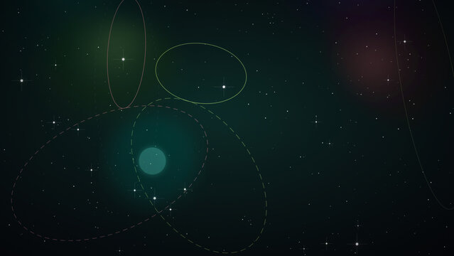 Abstract deep space background with a glowing teal planet celestial body orbit rings and sparkling starlight particles