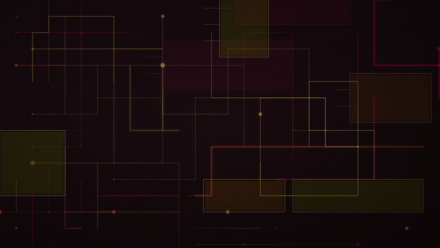 Abstract technology grid background with glowing yellow and orange circuit lines and connection nodes on dark backdrop