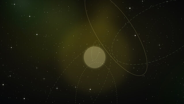 Abstract deep space background with a glowing yellow sun celestial body orbit rings and sparkling starlight particles