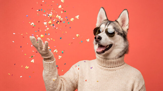 Playful husky dog in cozy sweater catching popcorn confetti on warm coral studio backdrop