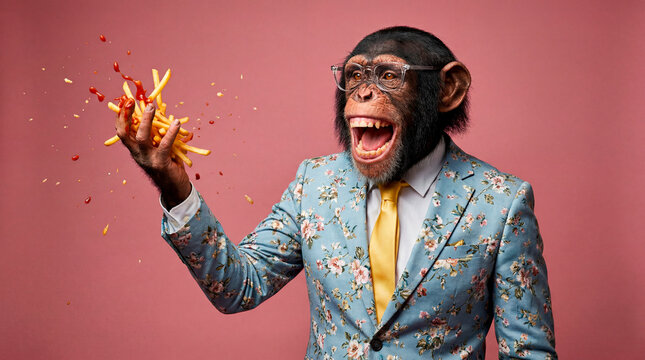 Surreal chimpanzee in floral blue suit tossing french fries against pink studio backdrop