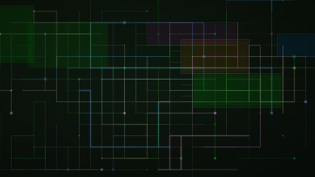 Abstract technology grid background with glowing multicolored circuit lines and connection nodes on dark backdrop