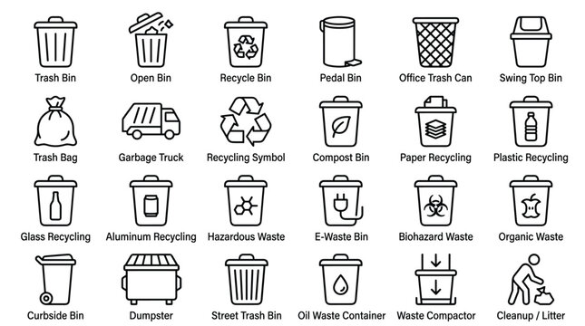 Various recycling and trash bin icons trash open recycle pedal office swing bag garbage truck e waste biohazard organic glass aluminum hazardous paper plastic.
