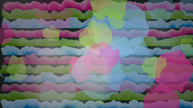 Abstract colorful watercolor painting with horizontal stripes and overlapping pastel paint spots on a dark background