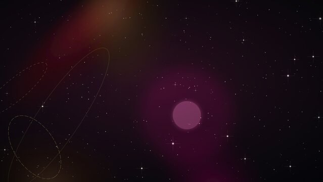 Abstract deep space background with glowing pink planet nebula stars and orbital rings in dark galaxy universe