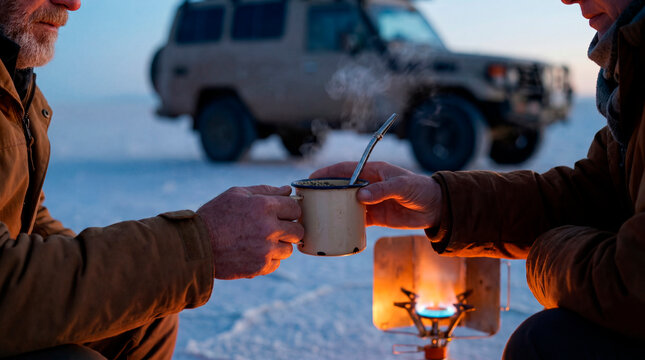 Overland travelers sharing a hot drink at dawn on a Bolivian salt flat beside their vehicle