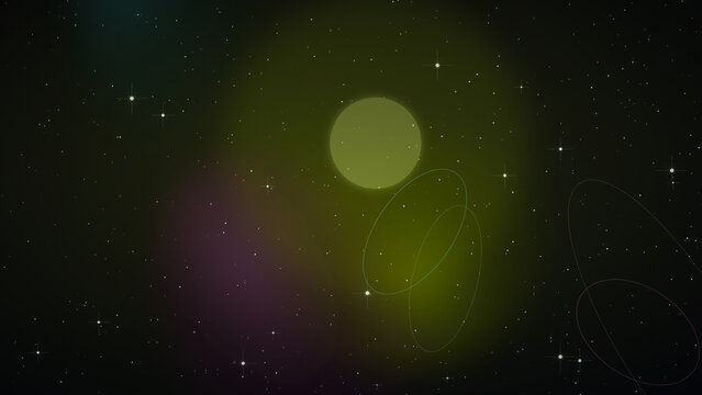 Abstract deep space background with a glowing green celestial planet orbit rings and sparkling starlight particles