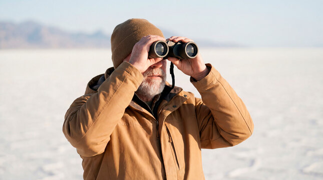 Mature explorer scanning the horizon with binoculars on a vast white salt flat desert