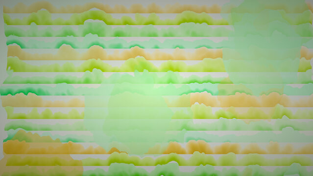 Abstract green and orange watercolor painting with horizontal stripes and soft ink washes on textured paper