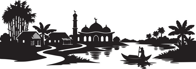 Rural Riverside Village Mosque Landscape Silhouette  © Bilkis