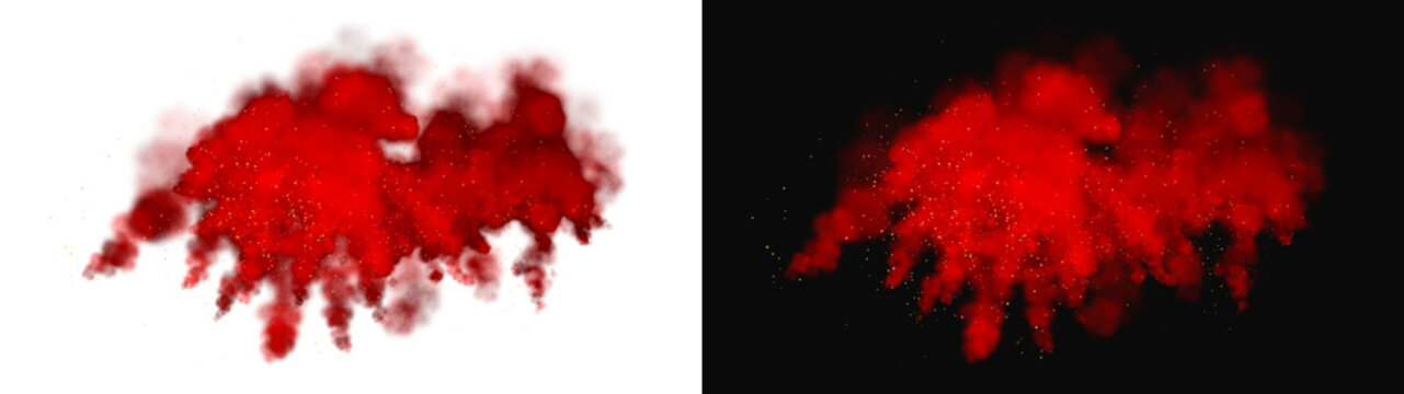PNG image of Vibrant red smoke cloud with shimmering gold dust particles floating in a soft ethereal artistic style on transparent background