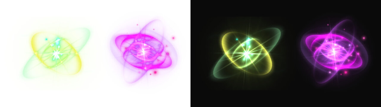 PNG image of Vibrant yellow and purple glowing light orbs featuring circular neon rings and sparkling particles captured on transparent background