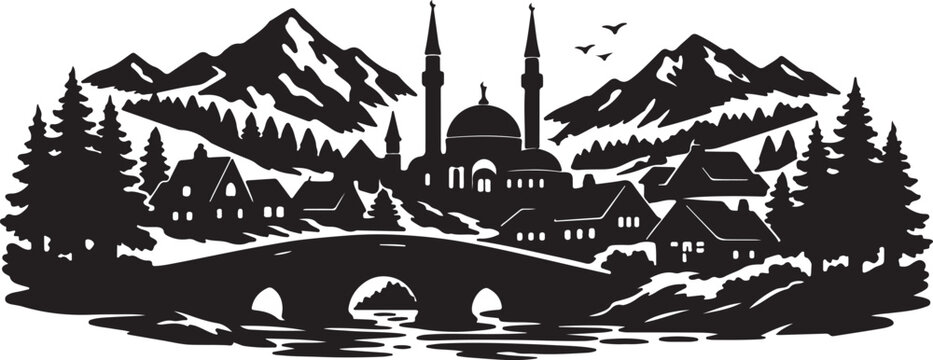 Mountain Village Mosque Silhouette With Stone Bridge
