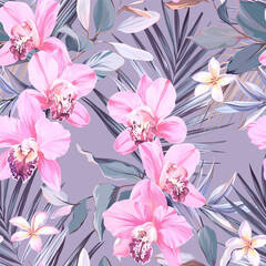 Tropical pattern. Paradise plants and flowers. Hawaiian pattern. Exotic, tropical. Delicate soft colors. © Alaska_artworks
