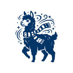 Cute llama wearing scarf with starry background silhouette. © Zaya