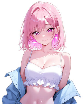 Cute Pink Hair Anime Girl Wearing Casual Outfit