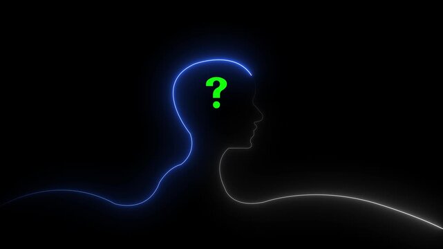 Glowing neon line Human head with question mark icon on black background. Neon glowing question mark with man head icon on black background. 4k video