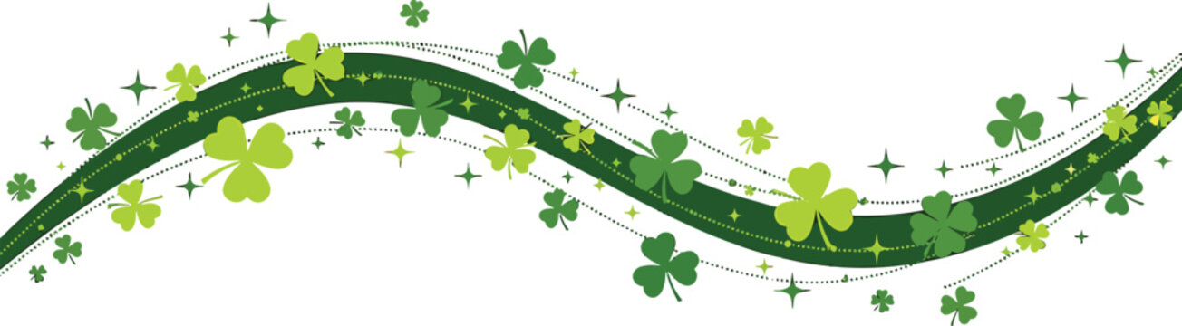 Wavy decorative border with green clover leaves and sparkling stars isolated on a white background vector illustration
