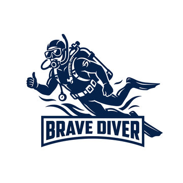 Brave diver underwater scuba diving logo design.