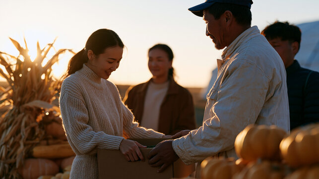 Rim backlighting silhouette of Mongolian farmer handing vegetable subscription box to city family at community supported agriculture pickup, golden autumn directional light